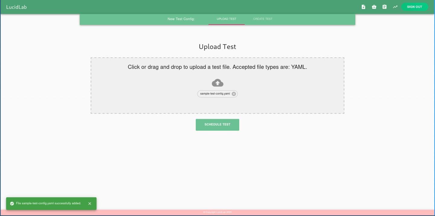 Upload test configuration page